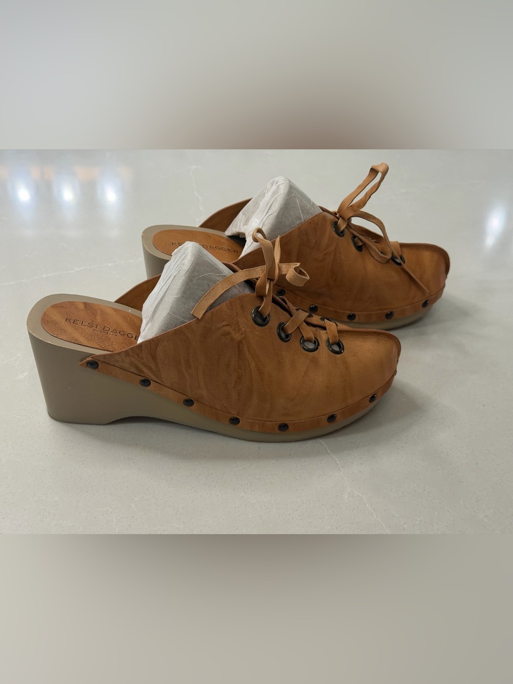 Kelsi Dagger Cognac Leather Lace-Up Wedge Clogs